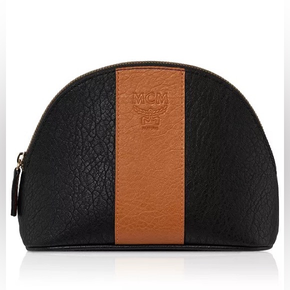 MCM Embossed Logo stripe Clutch Cosmetic Pouch Bag Black & Beige Tan - Picture 1 of 8